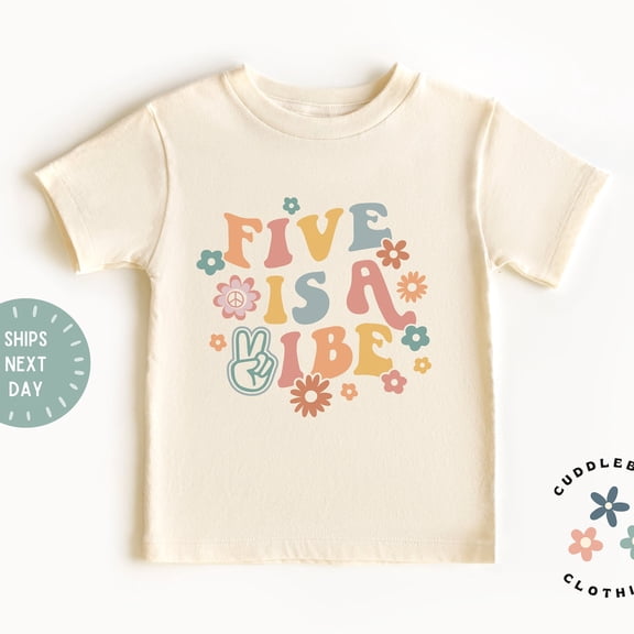 Bella Canvas Five Is A Vibe Girls Birthday Tee, Retro Fifth Birthday Shirt, Five Rainbow Flowers Birthday Top, Five Year Old Girl, Tee
