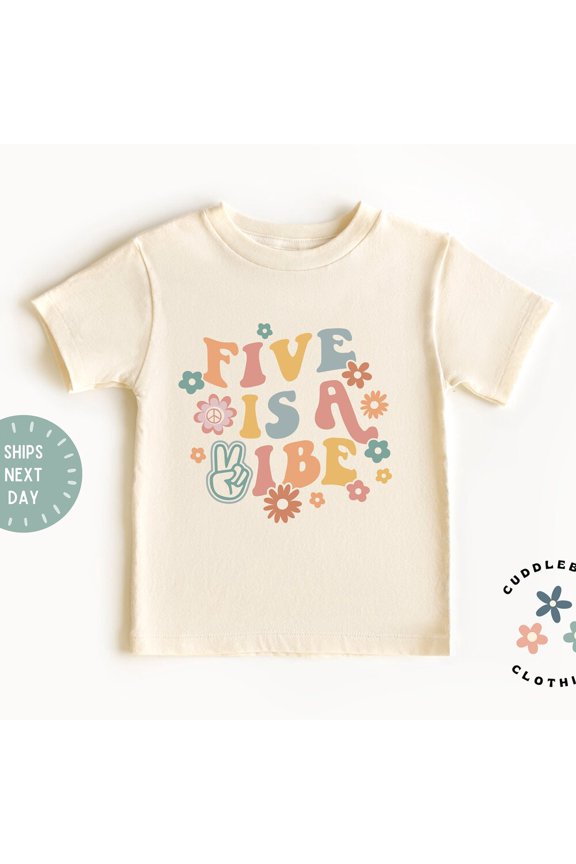 Bella Canvas Five Is A Vibe Girls Birthday Tee, Retro Fifth Birthday Shirt, Five Rainbow Flowers Birthday Top, Five Year Old Girl, Tee