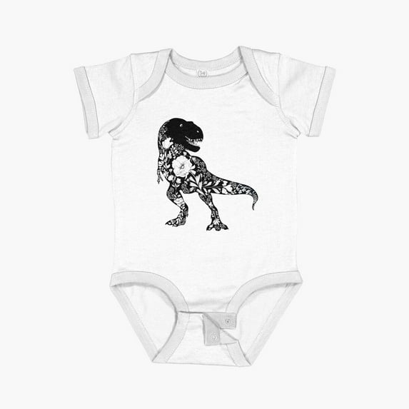 Bella Canvas Folk Floral Dino T-Rex Silhouette Short Sleeve Baby One-Piece Newborn Gender Neutral Outfit, Baby Boy Or Girl Bodysuit, Birrthday Gifts