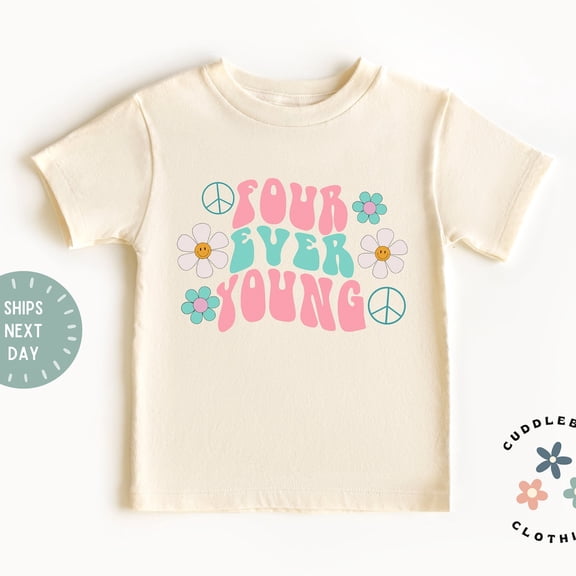 Bella Canvas Four Birthday Tee, Girls Retro Four Ever Young Birthday Shirt, Girls Boho 4th Birthday Top, 4 Year Old Girl, Tshirt