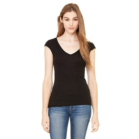 Bella + Canvas Women's Sheer Mini Rib Cap-Sleeve Deep V-Neck T-Shirt B8705