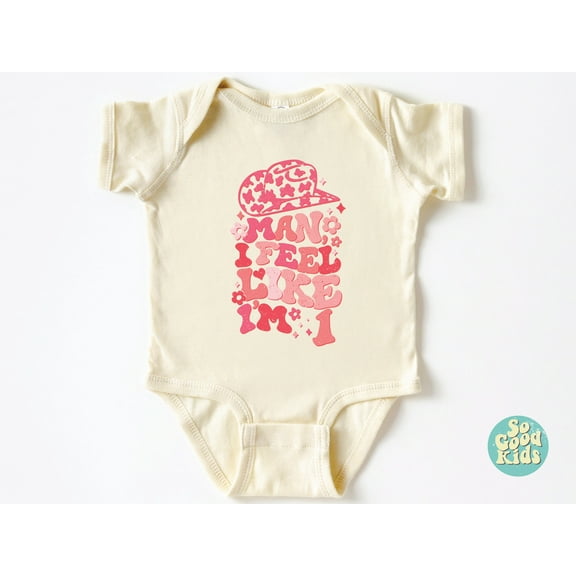 Bella Canvas with Man I Feel Like I'M One, First Birthday Shirt, Groovy Cowgirl 1St, Girls Western Cowgirl , Retro 1St Party Cool Baby Clothing, Cute Baby Boy or Girl Bodysuit Gift