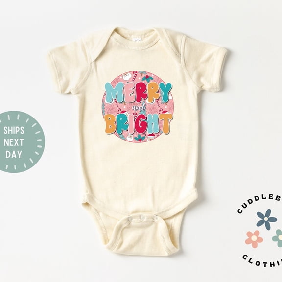 Bella Canvas Merry and Bright Christmas Baby Bodysuit, Retro Baby Christmas Bodysuit, Baby's First Christmas, Holiday Bodysuit, Baby Gift