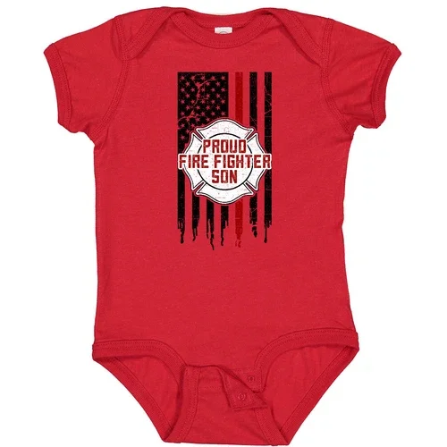 Bella Canvas Proud Firefighter Son Baby Bodysuit Fire Fighter Thin Red Line Flag Baby Bodysuit