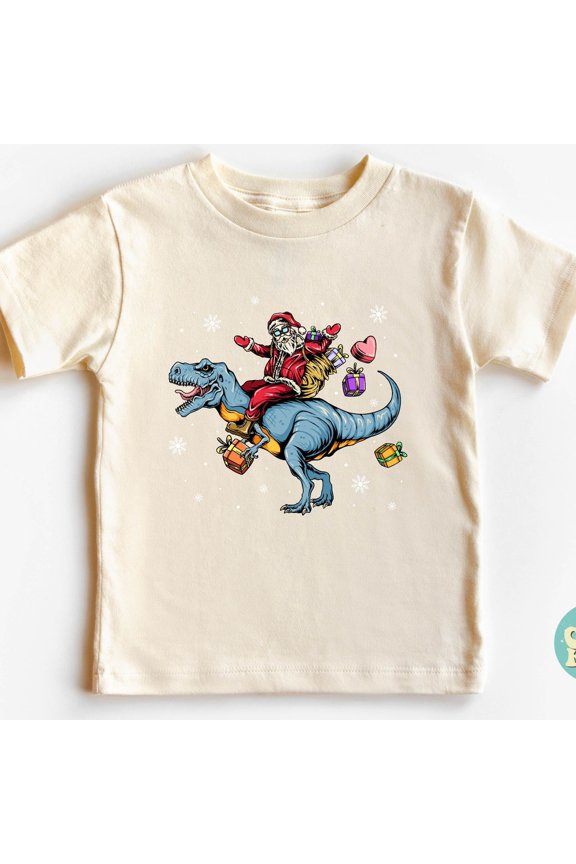 Bella Canvas Santa And Dinosaur Christmas Shirt, First Christmas Gift, Santa Baby Bodysuit, Funny Christmas Babysuit, Newborn Gift for Christmas Boys & Girls Shirt, Gift for Baby or Kids