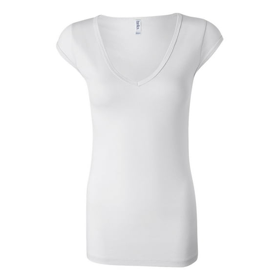 Bella + Canvas Sheer Mini Rib Cap-Sleeve Deep V-Neck T-Shirt (B8705) White, 2XL