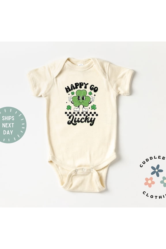 Bella Canvas St Patricks Day Baby Bodysuit, Retro Happy Go Lucky Baby, First St Patrick's Day, Irish Holiday New Baby Gift