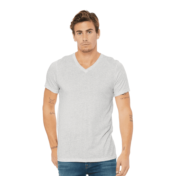 Bella + Canvas V-Neck Short Sleeve Tee for Men, White Fleck Triblend Shirt, S