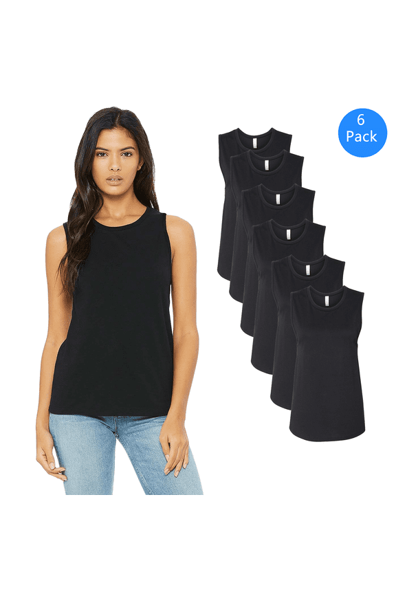 Bella + Canvas Women's Sleeveless Cotton Jersey Muscle Tank Top Black Tee Pack of 6, 2XL