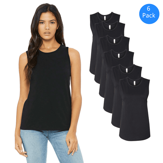 Bella + Canvas Women's Sleeveless Cotton Jersey Muscle Tank Top Black Tee Pack of 6, S