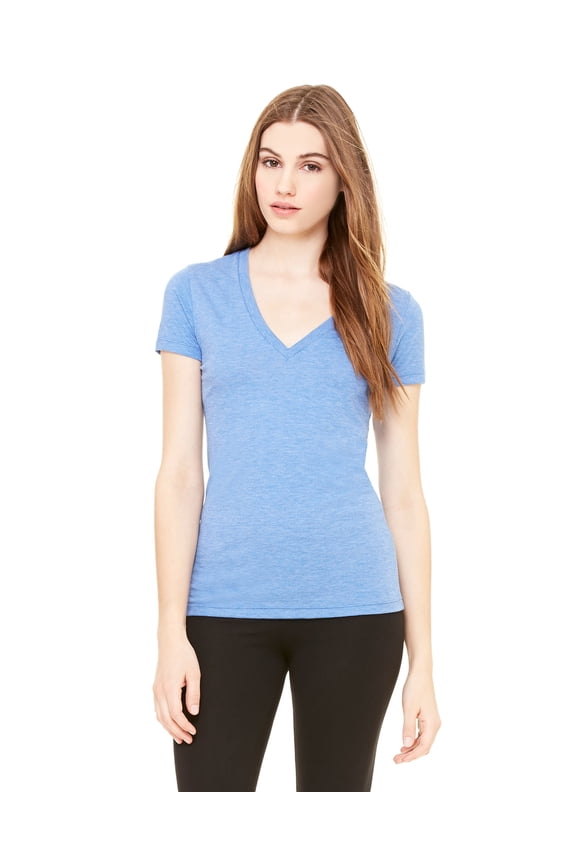 Bella + Canvas Women's Triblend Short Sleeve Deep V-Neck Tee , 8435 , Blue Triblend , XX-Large