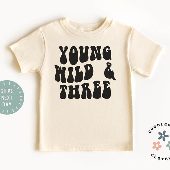 Bella Canvas Young Wild and Three Birthday Shirt, Third Birthday Tee, Three Birthday Top, Three Year Old Boy Girl Unisex or Gray Tshirt