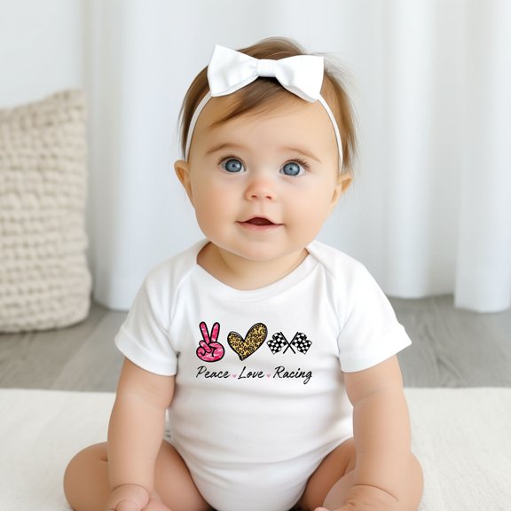Bella Canvas with Peace Love Racing, Racing, Racing Baby Gift Cute and Cool, Baby Boy or Girl Bodysuit Gift