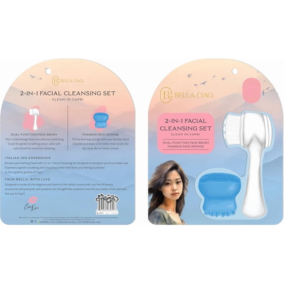 Bella Ciao 2-in-1 Facial Cleansing Set  Dual-Function Face Brush & Foaming Sponge | Gentle Exfoliating Silicone Brush + Ultra-Soft Nylon Bristles | Deep Clean & Radiant Skin  Clean in Capri