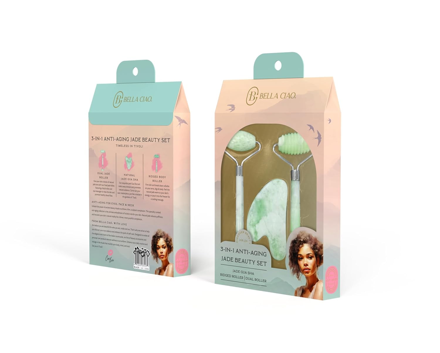 Bella Ciao 3-in-1 Anti-Aging Jade Beauty Set – Dual Jade Roller, Ridged Roller & Gua Sha | Natural Jade Facial Massage Tool Set for Glowing, Youthful Skin