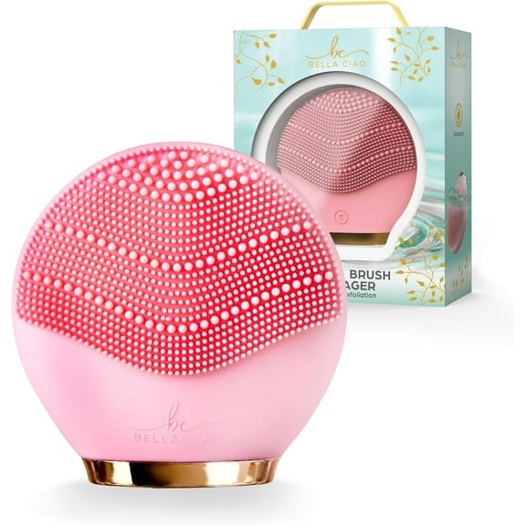 Bella Ciao Travel Silicone Facial Cleansing Brush, Face Exfoliator and Massager, Cordless Pore Scrubber with Soft Bristles, Double-Sided Design, IPX5 Water Resistance, Battery Not Included, Pink