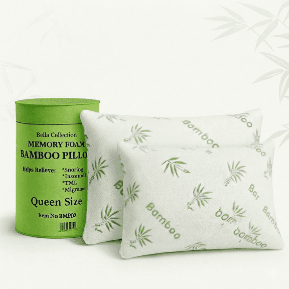 Bella Collection Premium Memory Foam Bamboo Pillow Queen Size Cooling Breathable Hypoallergenic Bed Pillow for Neck Support Pain Relief and Comfortable Sleep