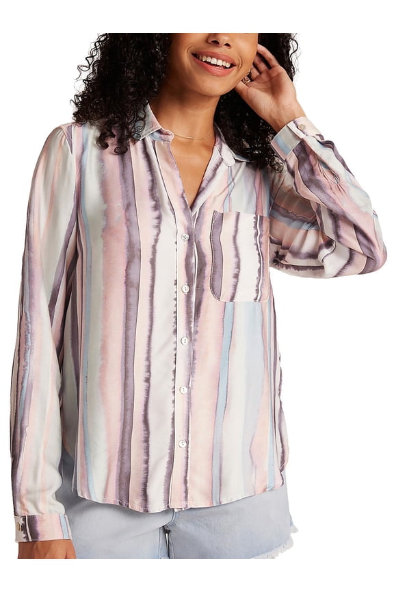 Womens Collar Striped Button-Down Top