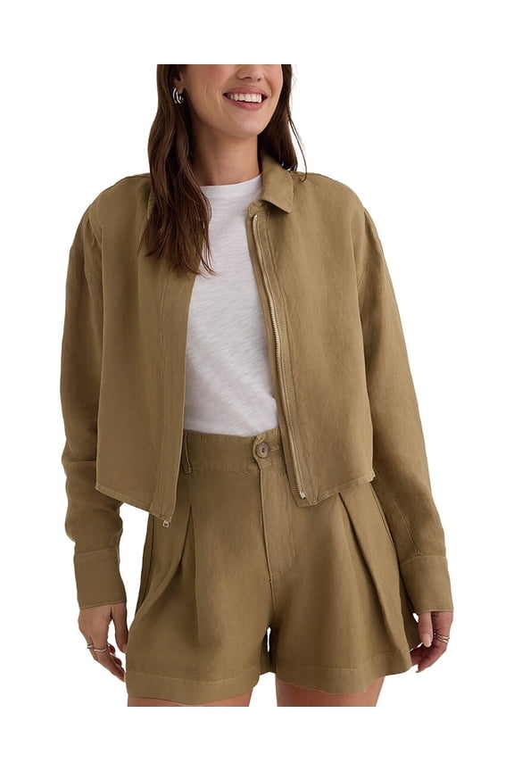 womens  Oversized Cropped Linen-Blend Shacket, xs