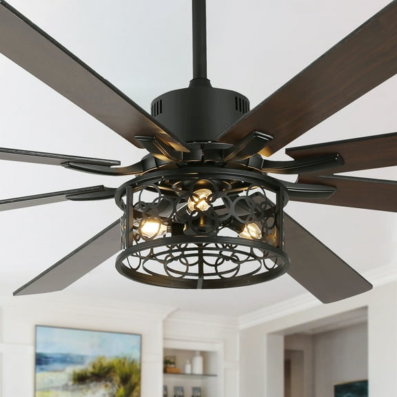 Bella Depot 72" Ceiling Fan 6-speed Farmhouse Metal Cage 3-Light Chandelier with Remote