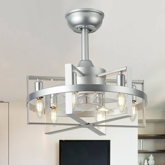 Bella Depot 18 Inches Silver Octagonal Cage Ceiling Fan with Light and Remote Control, 6-speed Reversible Modern Chandelier