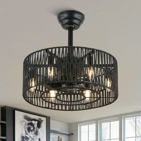 Bella Depot 18 Inches Woven Rope Drum Ceiling Fan with Light and Remote Control, 3-Speed Reversible Fan