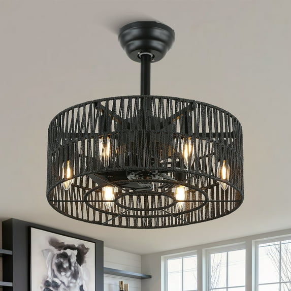 Bella Depot 18 Inches Woven Rope Drum Ceiling Fan with Light and Remote Control, 3-Speed Reversible Fan