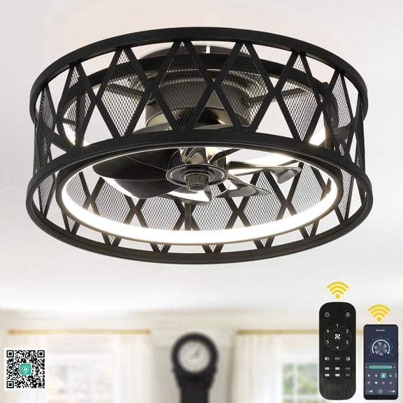 Bella Depot 19" Industrial Caged LED Ceiling Fan with Light APP and Remote Control 6-speed DC Motor Reversible Flush Mount Ceiling Fan
