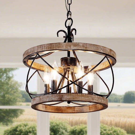 Bella Depot 19.7" Farmhouse Wood Pendant Light with Metal Shade 5-Light Adjustable Chandelier