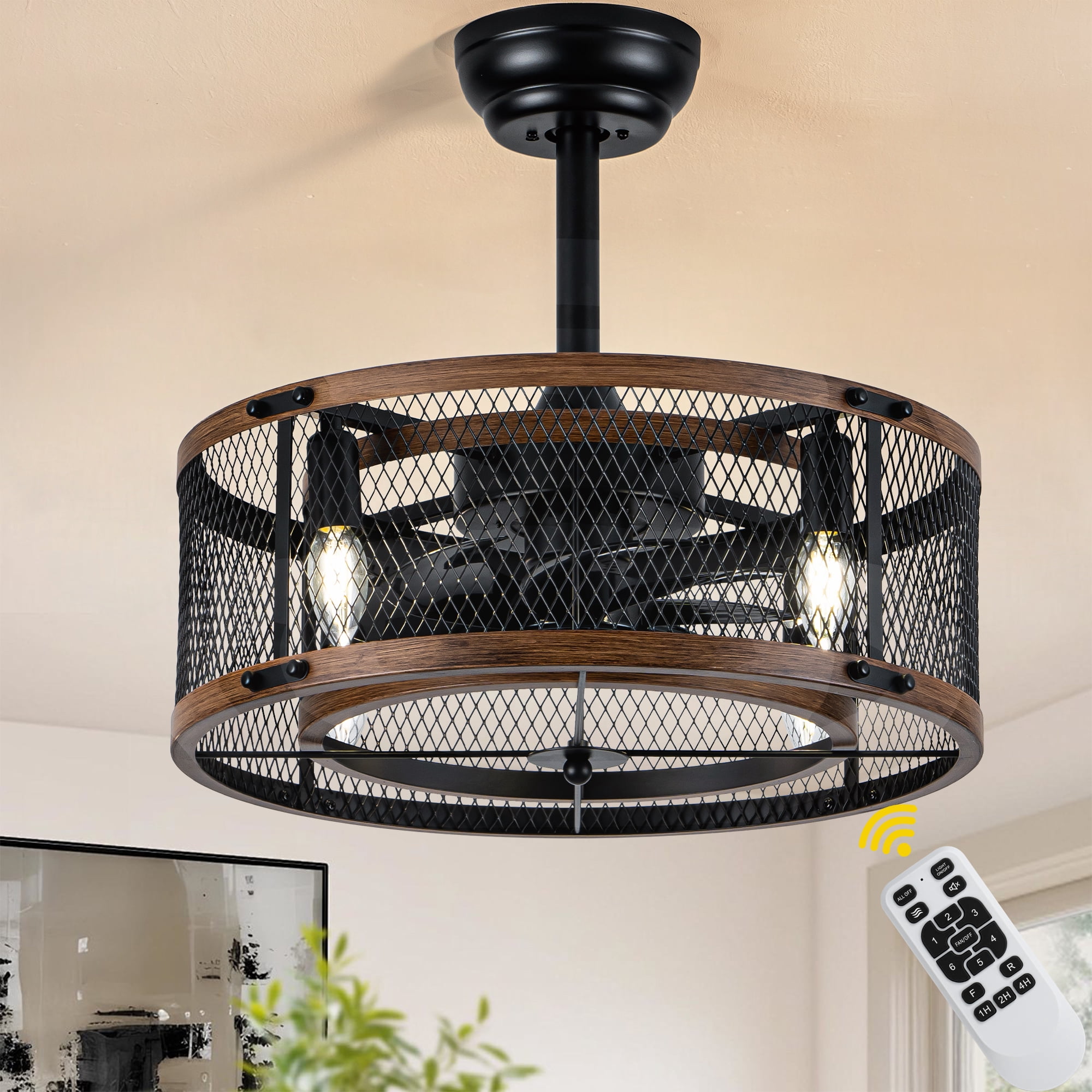 Bella Depot 20" Industrial Black Caged Ceiling Fan with Light and ...
