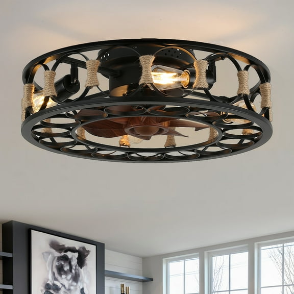 Bella Depot 20" Industrial Ceiling Fan with Light and Remote Control, Low Profile 6-Speed Reversible Fan