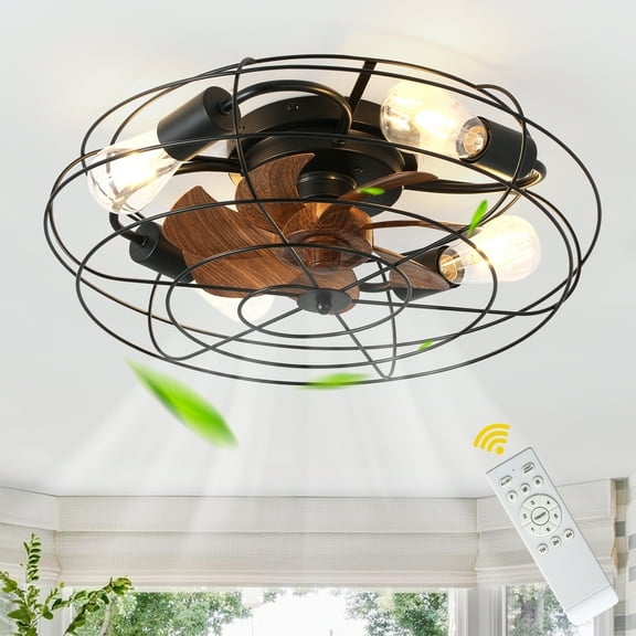 Bella Depot 20" Industrial Flush Mount Ceiling Fan 6-Speed Reversible with Light and Remote Control