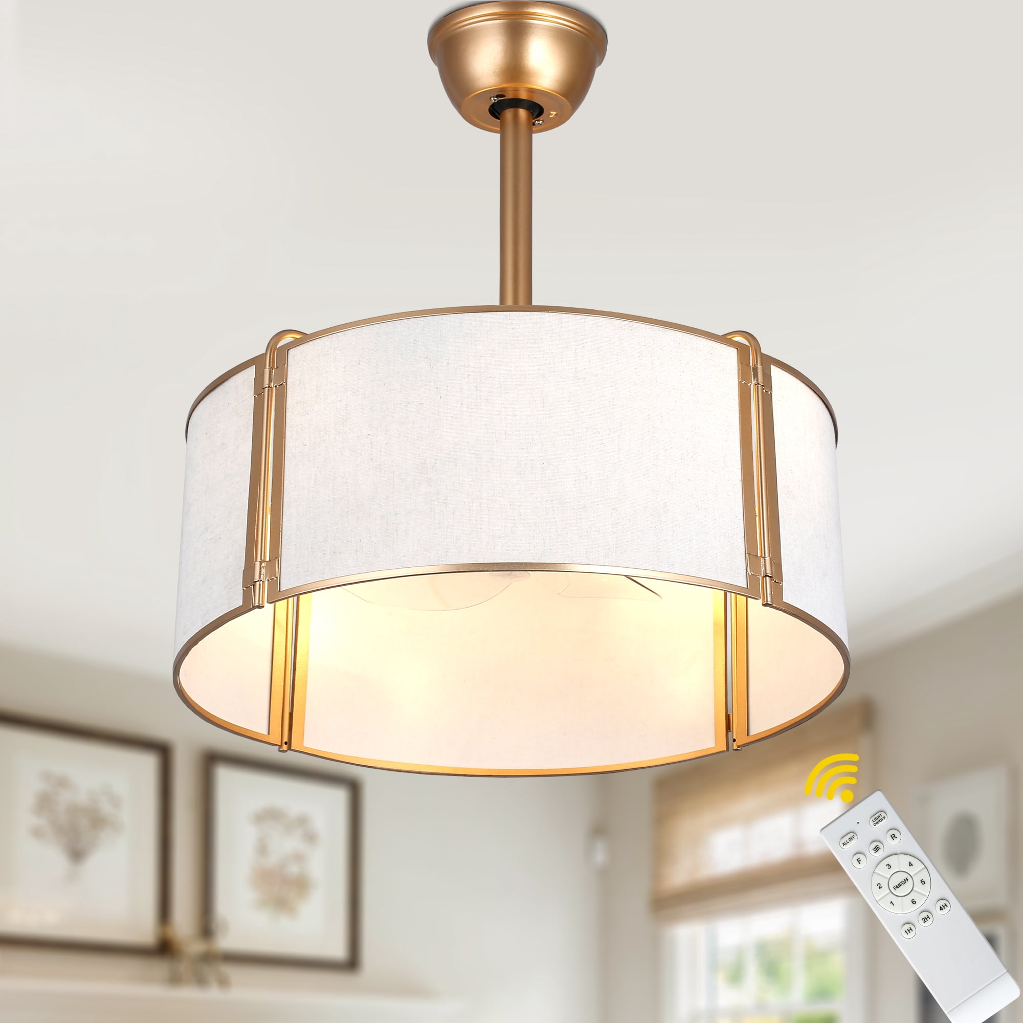 Bella Depot 20" Modern Gold Drum Ceiling Fan with Light and Remote 6-Speed Reversible DC Motor for Bedroom