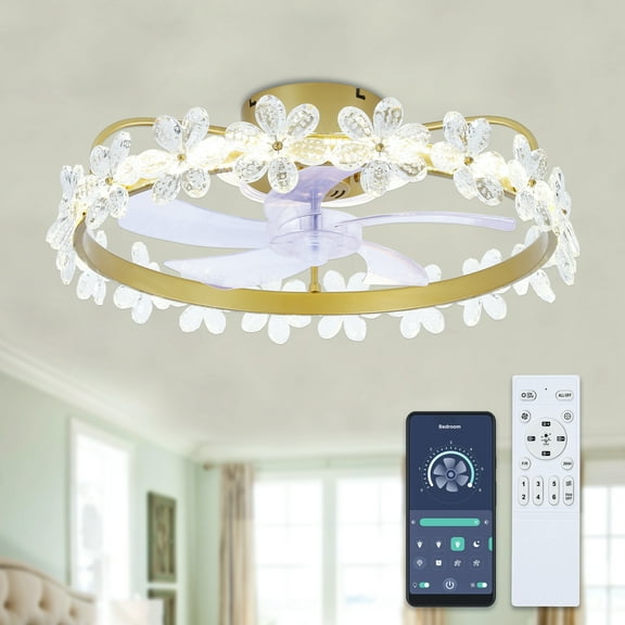 Bella Depot 20Inch Gold Flush Mount Crystal Ceiling Fan with LED Dimmable Light, 6-Speeds, Smart App Control and Remote for Children