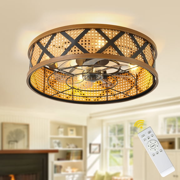 Bella Depot 23" Rattan Caged Flush Mount Ceiling Fan with Light and Remote 6-Speed Reversible DC Motor