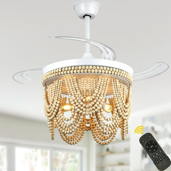 Bella Depot 42" White Bohemian Retractable Ceiling Fan with Light and Remote Control, 6-speed Reversible Chandelier
