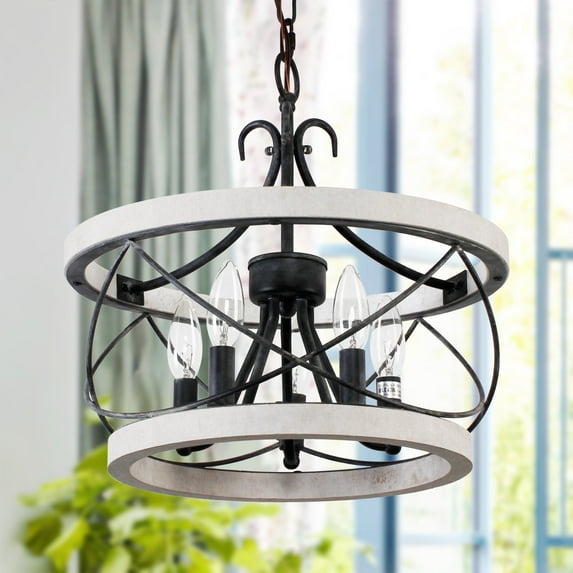 Bella Depot 5-Light Distressed White Rustic Wood Caged Chandelier Pendant Light for Farmhouse Kitchen Island