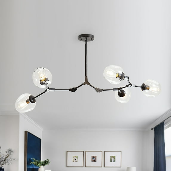 Bella Depot 5-Light Sputnik Modern Linear Chandelier with Clear Glass Shade and Black Adjustable Rods