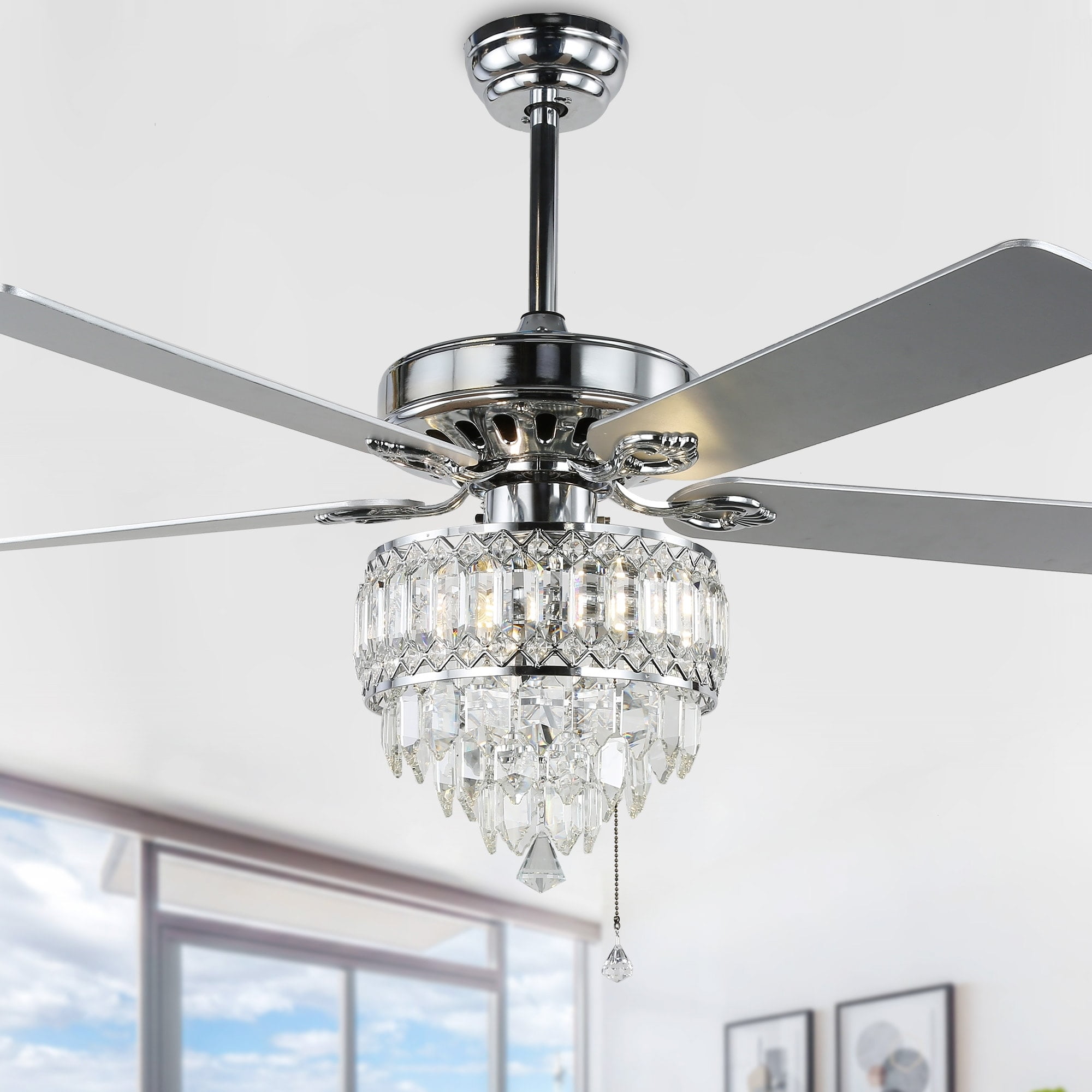 52" Silver Crystal Ceiling Fan with Light Kit and Remote Control