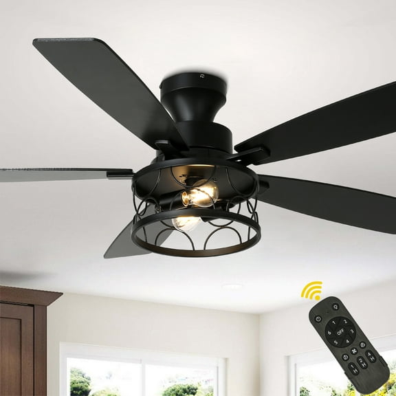 Bella Depot 52" Industrial Flush Mount Ceiling Fan with Light and Remote 6-Speed Reversible DC Motor