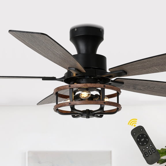 Bella Depot 52" Industrial Flush Mount Ceiling Fan with Light and Remote 6-Speed Reversible DC Motor for Bedroom