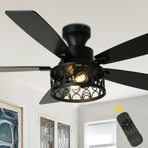 Bella Depot 52" Industrial Flush Mount Ceiling Fan with Light and Remote 6-Speed Reversible DC Motor
