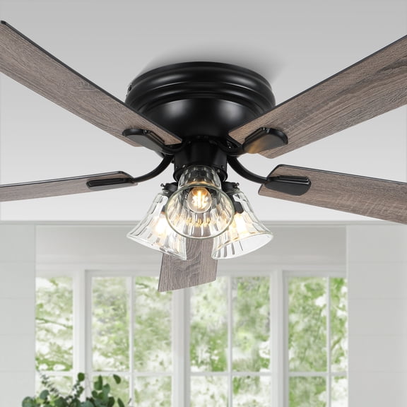 Bella Depot 52" Black Farmhouse Flush Mount Ceiling Fan with Light and Remote Control 6-Speed Reversible DC Motor