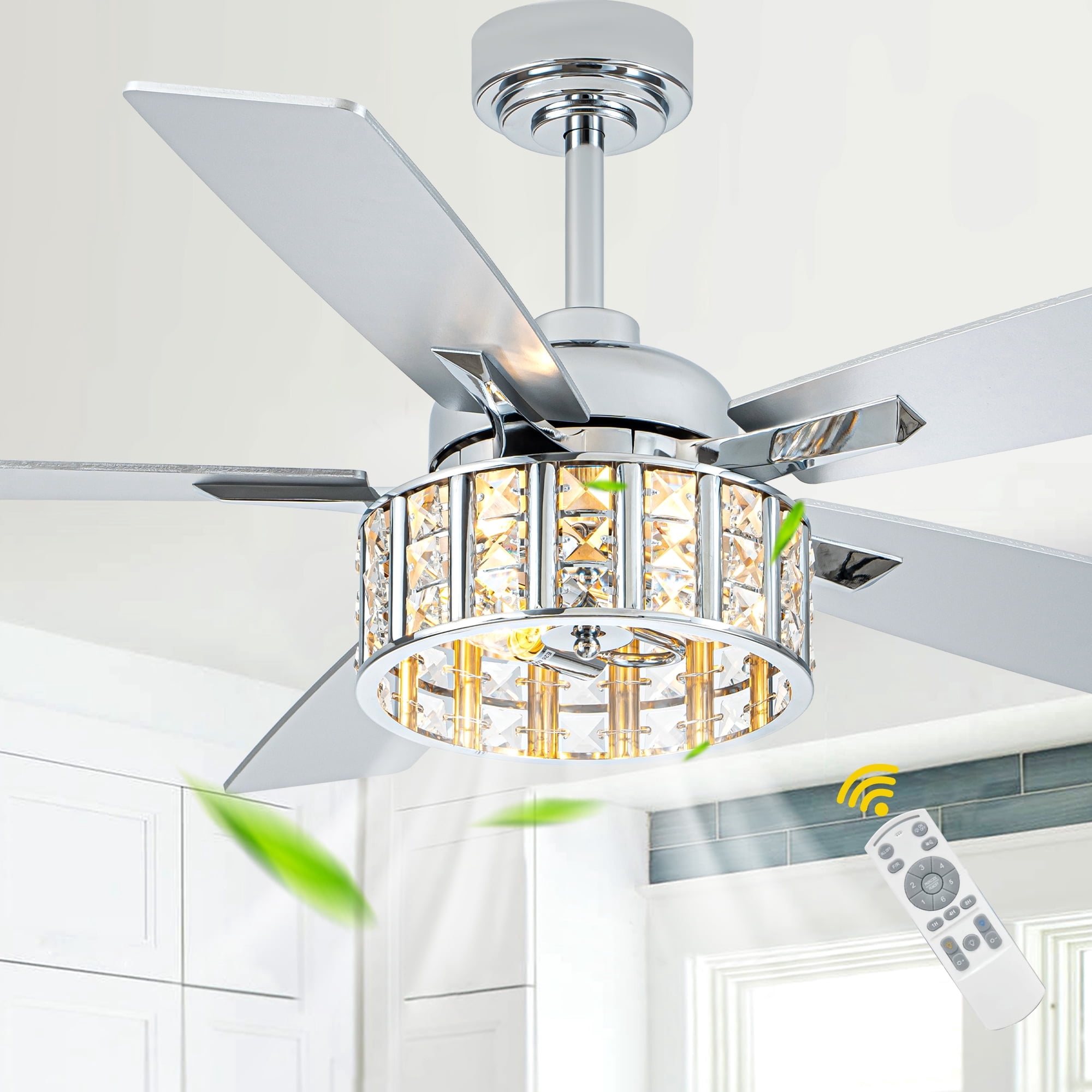 Bella Depot 52" Modern Silver Crystal Ceiling Fan 6-Speed Reversible with Light and Remote Control