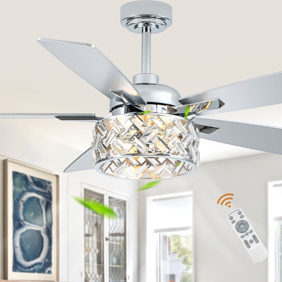 Bella Depot 52" Modern Silver Crystal Ceiling Fan 6-Speed Reversible with Light and Remote Control
