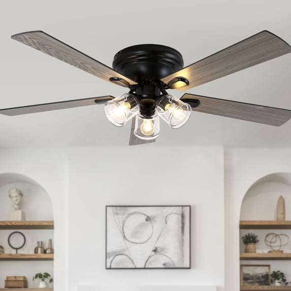 Bella Depot 52" Rustic Flush Mount Ceiling Fan with Light and Remote 6-Speed Reversible DC Motor