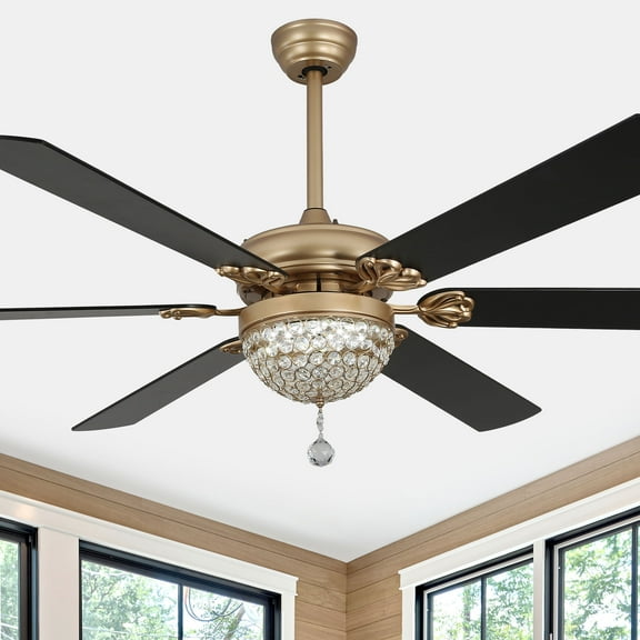 Bella Depot 65" Modern Black Crysatl Ceiling Fan 6-Speed Reversible Chandelier With Dimmable Light and Remote Control