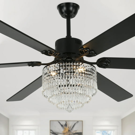 Bella Depot 65" Modern Black Crystal Ceiling Fan 6-Speed Reversible Chandelier With Light and Remote Control