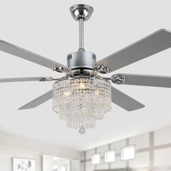 Bella Depot 65" Modern Crystal Silver Ceiling Fan 6-Speed Reversible Chandelier With Light and Remote Control