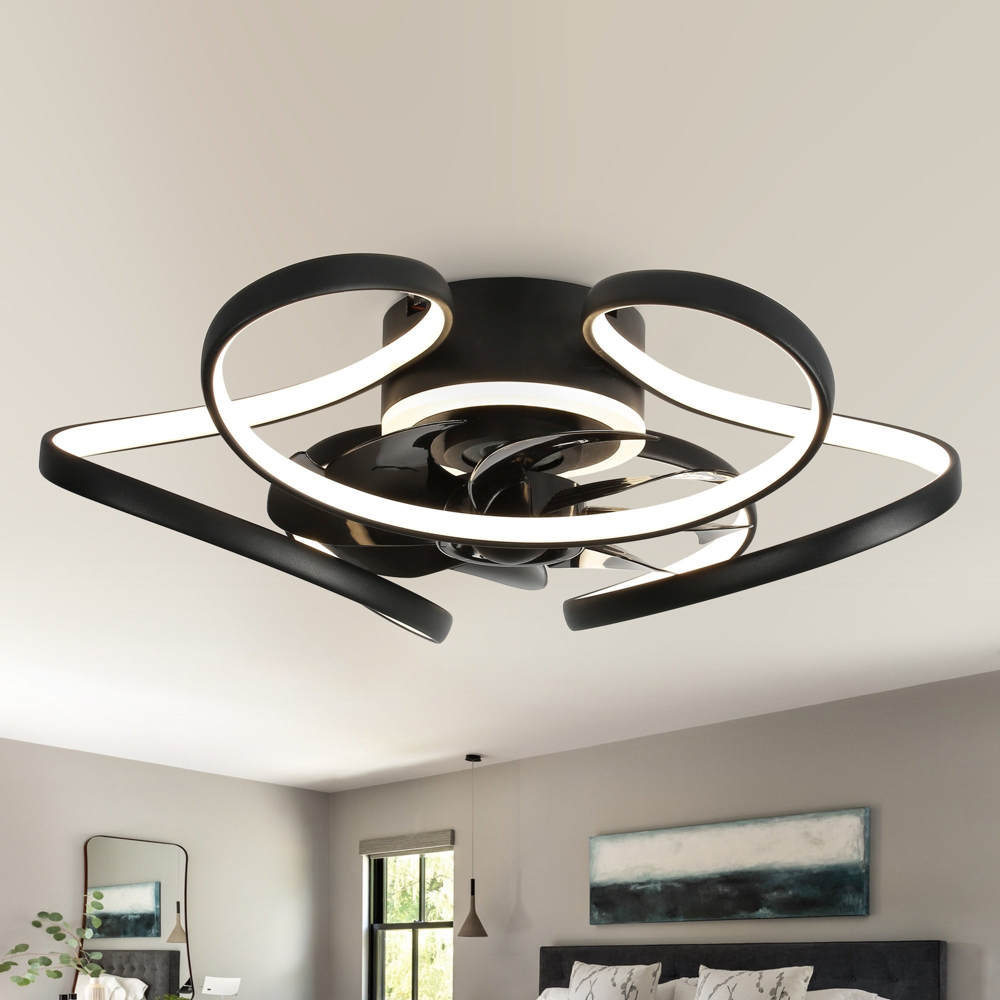 Bella Depot Black Low Profile Ceiling Fan with Dimmable Light, 6Speed